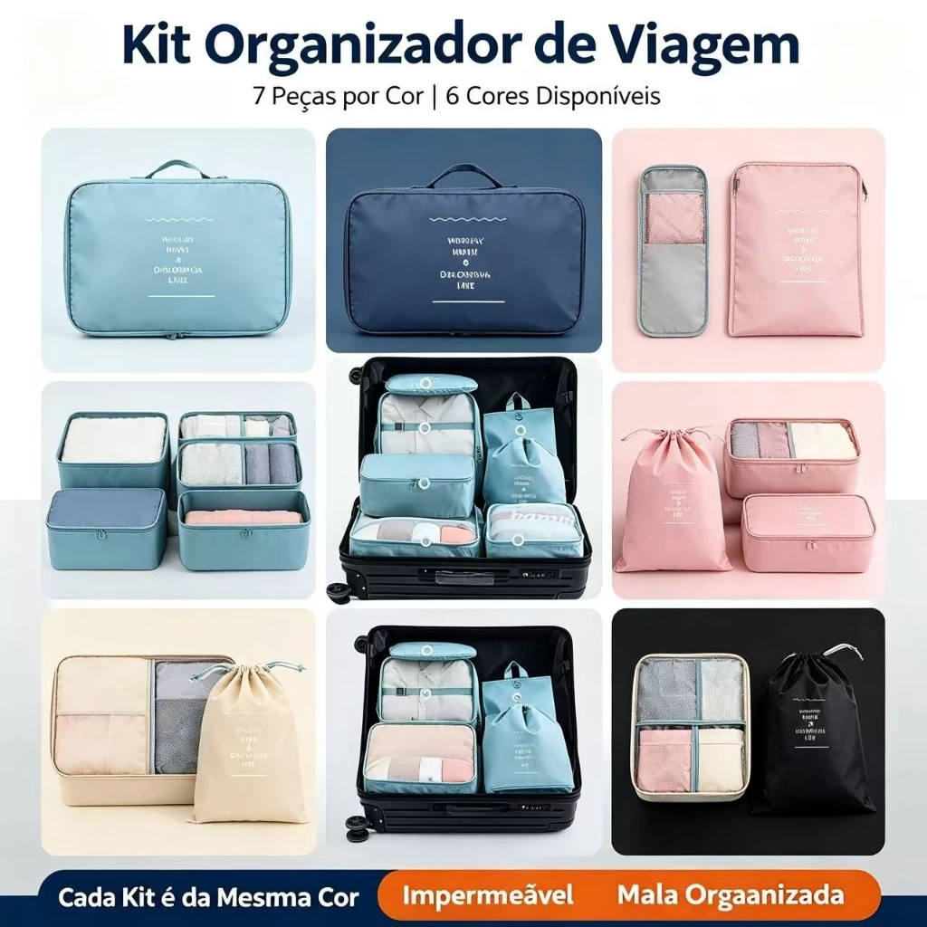 Kit Organizador Viagem 7 Peças Mesma Cor 6 Cores Disponíveis Bolsa Impermeável para Mala Roupas Sapatos