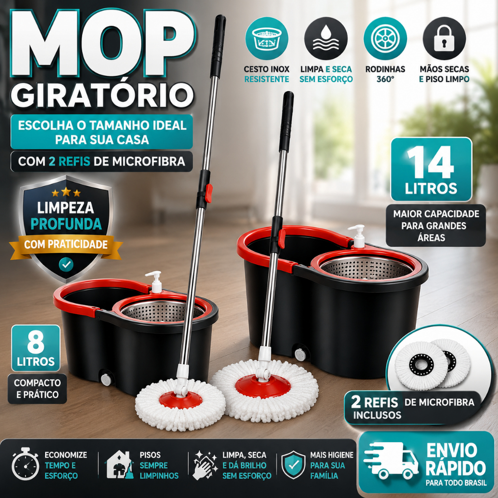 Mop C/ cabo de 140 cm + 2 Refis – Rodinhas e Cesto Em Inox – Balde Centrífuga – CH | Shopee Brasil